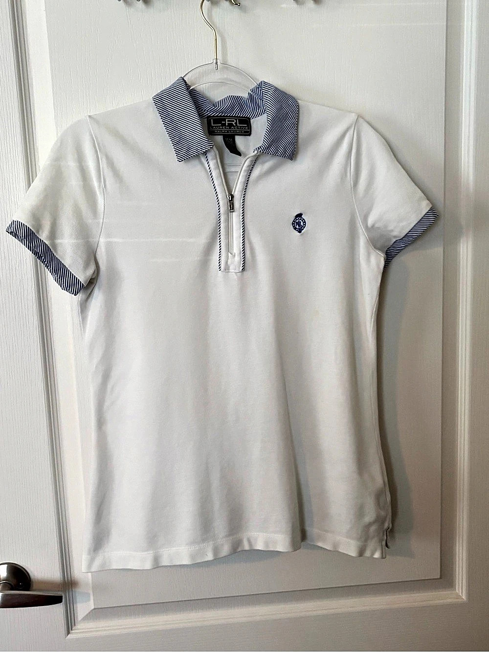 Lauren Ralph Lauren Striped Half-Zip Polo White & Blue Medium